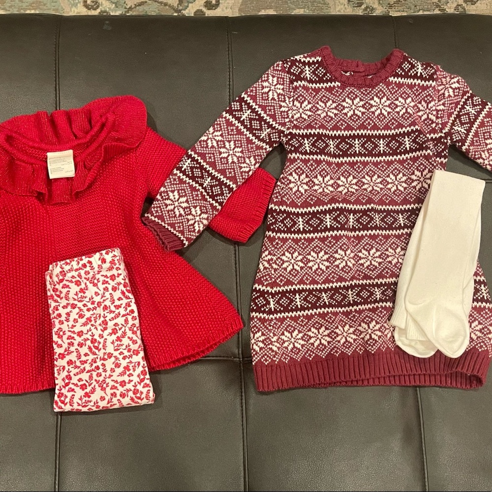 Christmas- Red sweater/leggings (12m) and burgundy sweater dress/leggings (18m)